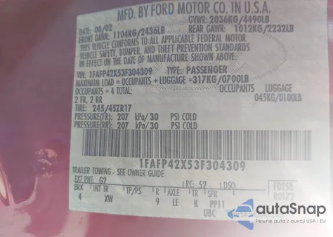 2003 Ford Mustang Gt z USA, uszkodzony, nr VIN 1FAFP42X53F304309